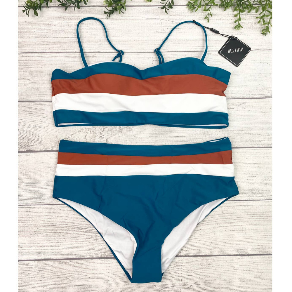NEW Women's Mid Waist Stripe Print Bikini 12 - Picture 2 of 8